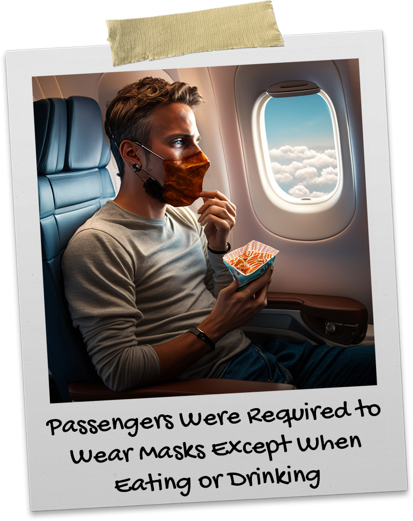 Guy eating a snack on a plane pulling his face mask down between bites