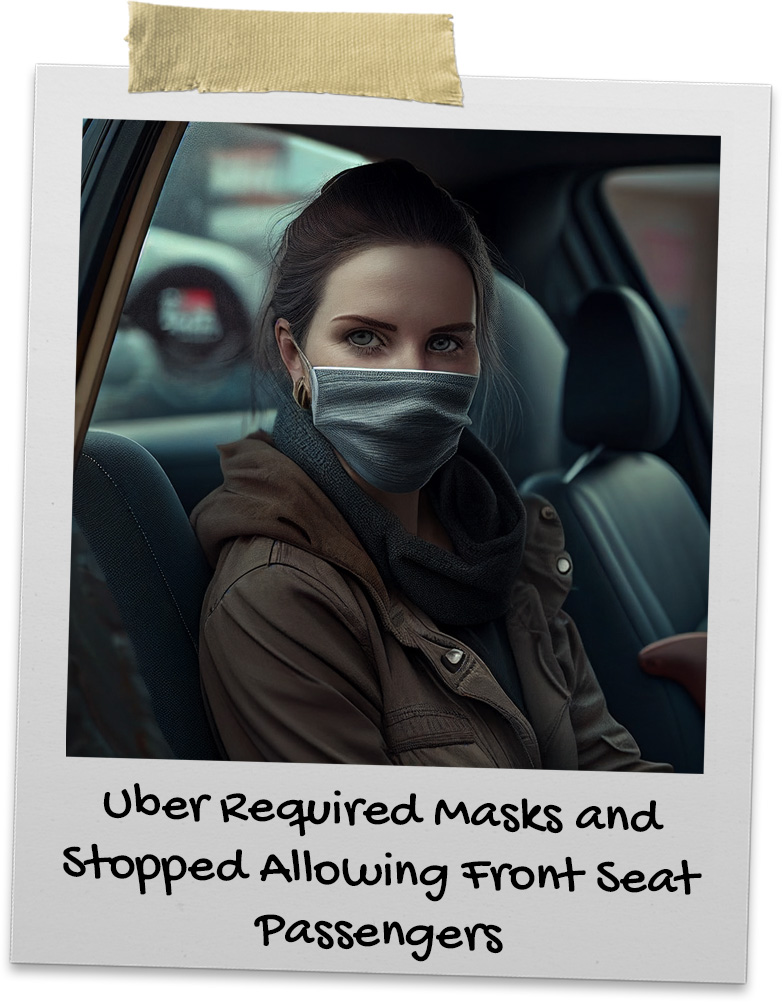 Attractive female sitting in the backseat of an Uber wearing a face mask