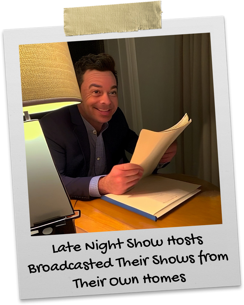 Jimmy Fallon doing his late night show from his home in the den