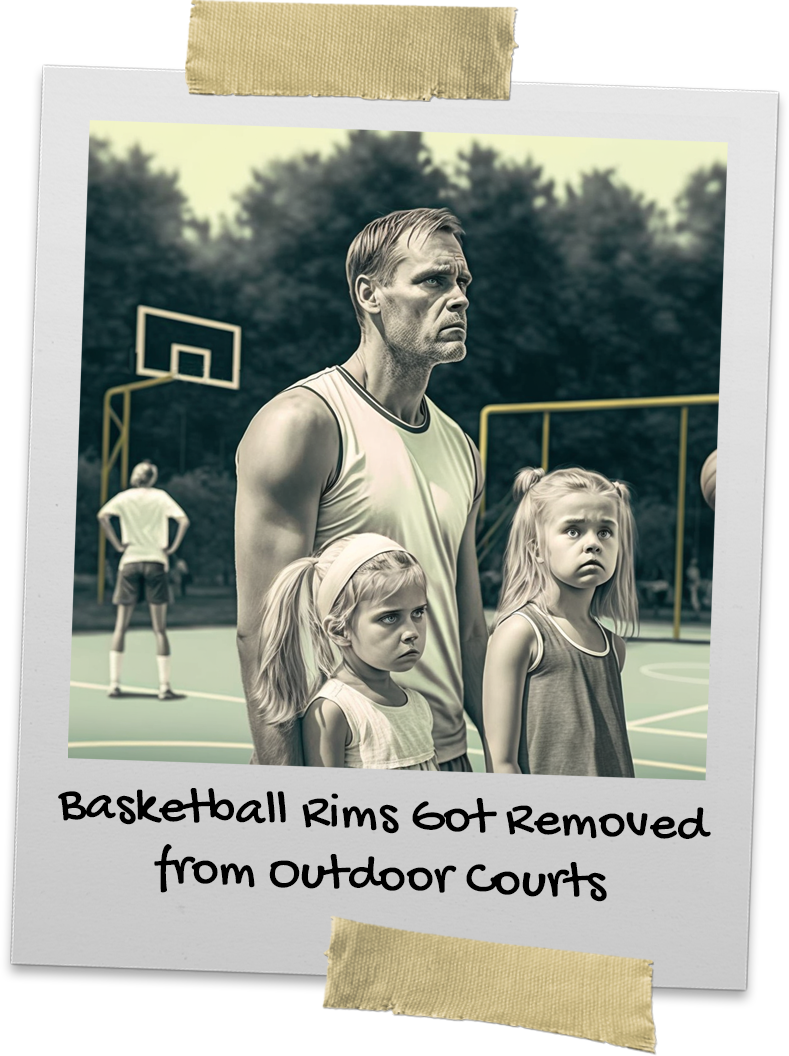 Man and two daughters look upset as the basketball hoops are missing the rims