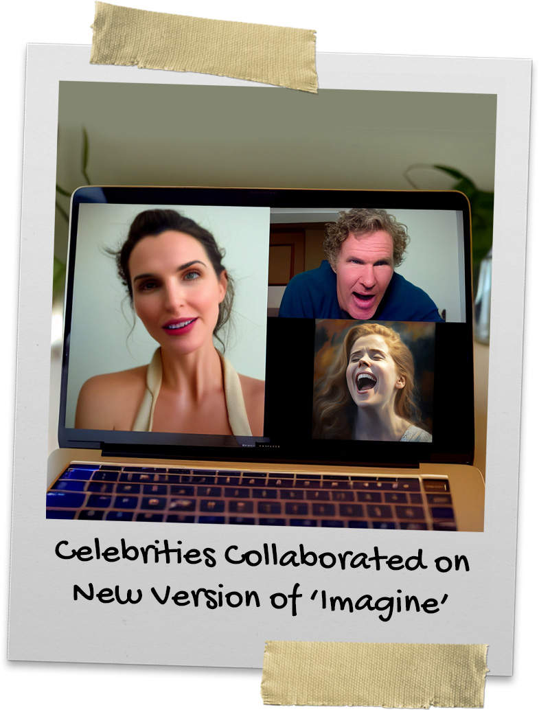 Gal Gadot, Will Ferrell and Amy Adam on an laptop singing Imagine