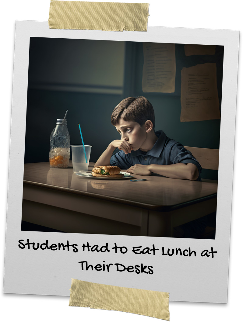 School aged boy sitting at his desk along eating lunch looking sad