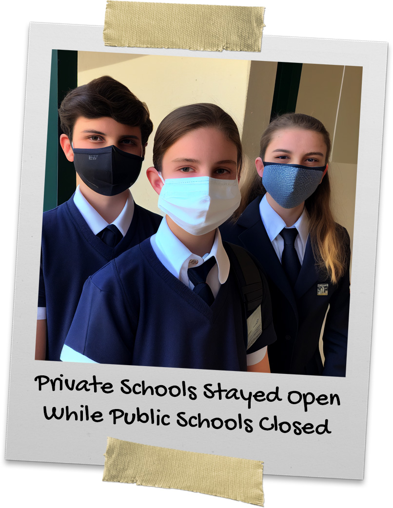 Three students in private school and school uniforms wearing face masks
