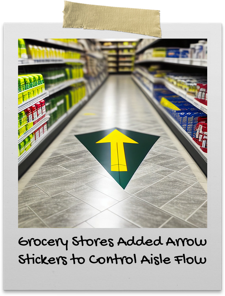 Supermarket has arrow stickers on the floor guiding traffic flow