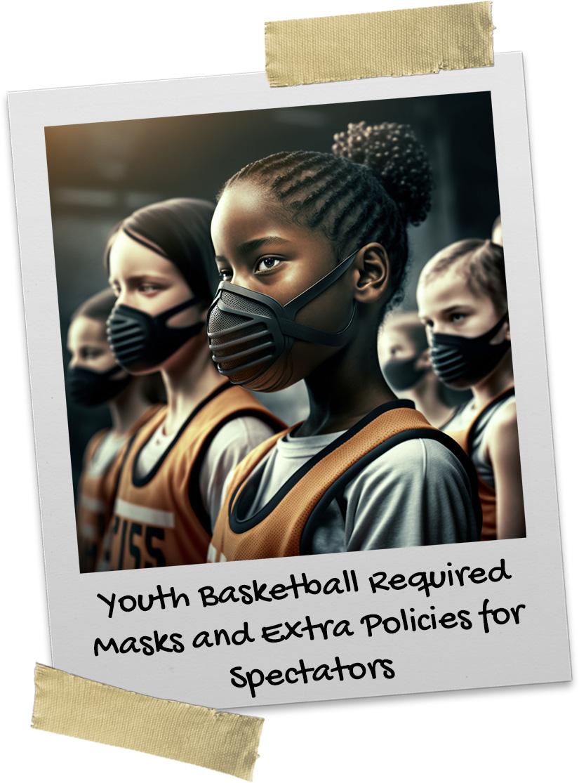 Group of female youth basketball players wearing face masks in gym