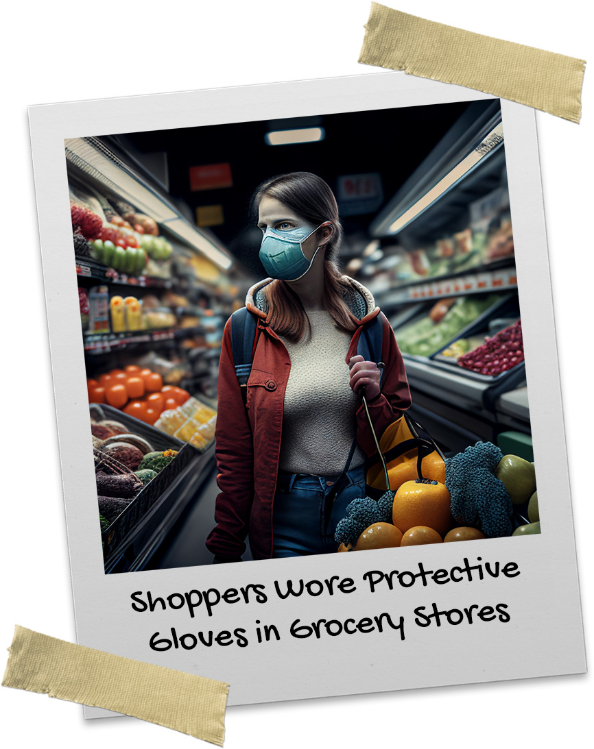 Woman shopping in the produce section wearing face mask and protective gloves