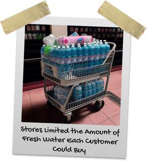 Full cart of waters in a grocery store