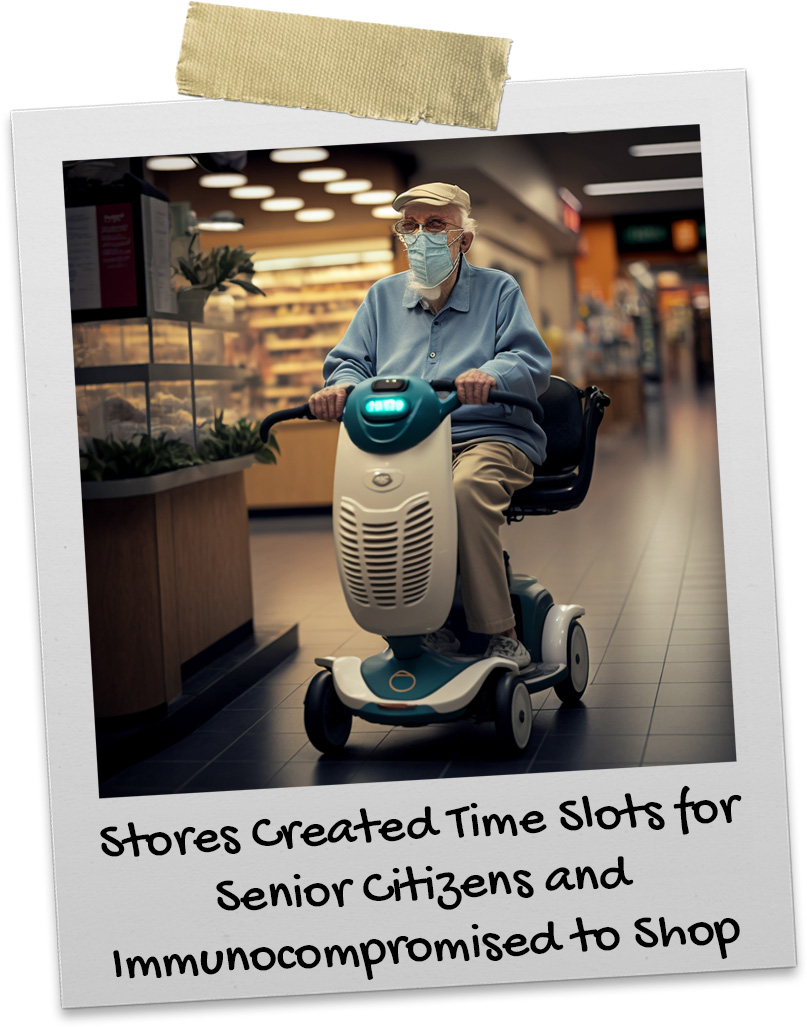 Older gentleman on a motorized scooter driving thru grocery store by himself wearing a face mask