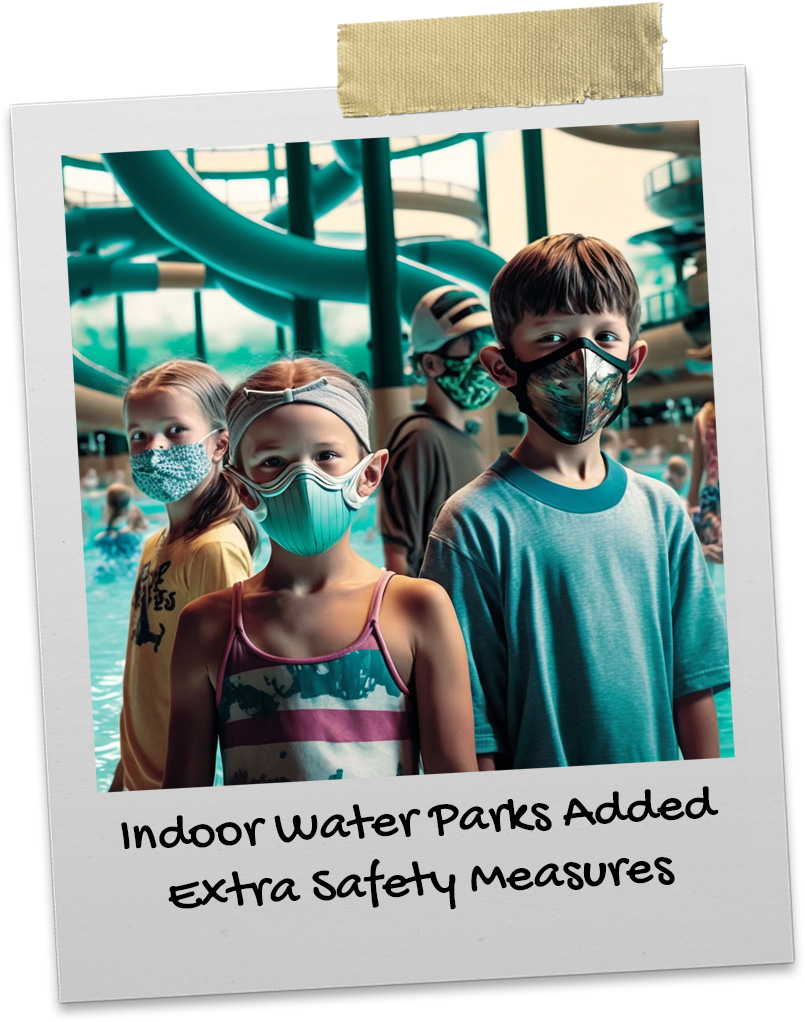 Group of young kids wearing face masks at an indoor water park