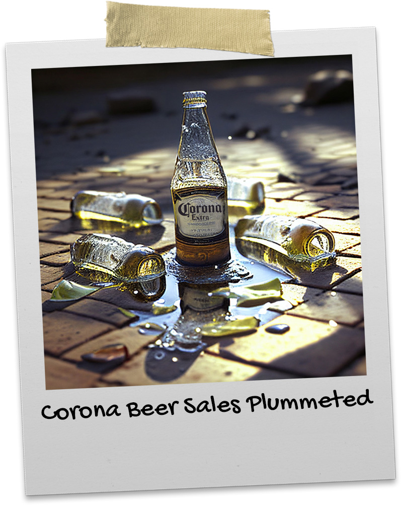 Corona beer bottles broken and spilled over the sidewalk