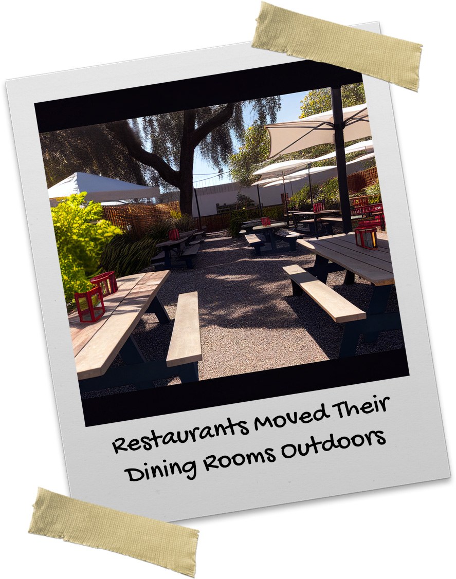 Many picnic tables are spread out outside for patio seating socially distanced