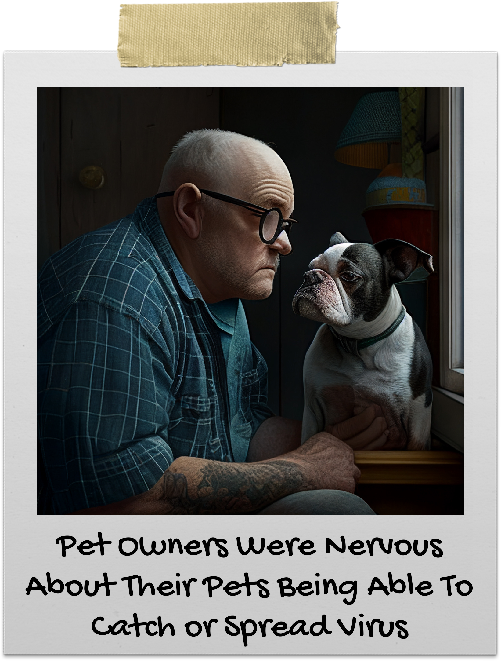 Bald man with glasses looking eye to eye with his pet dog