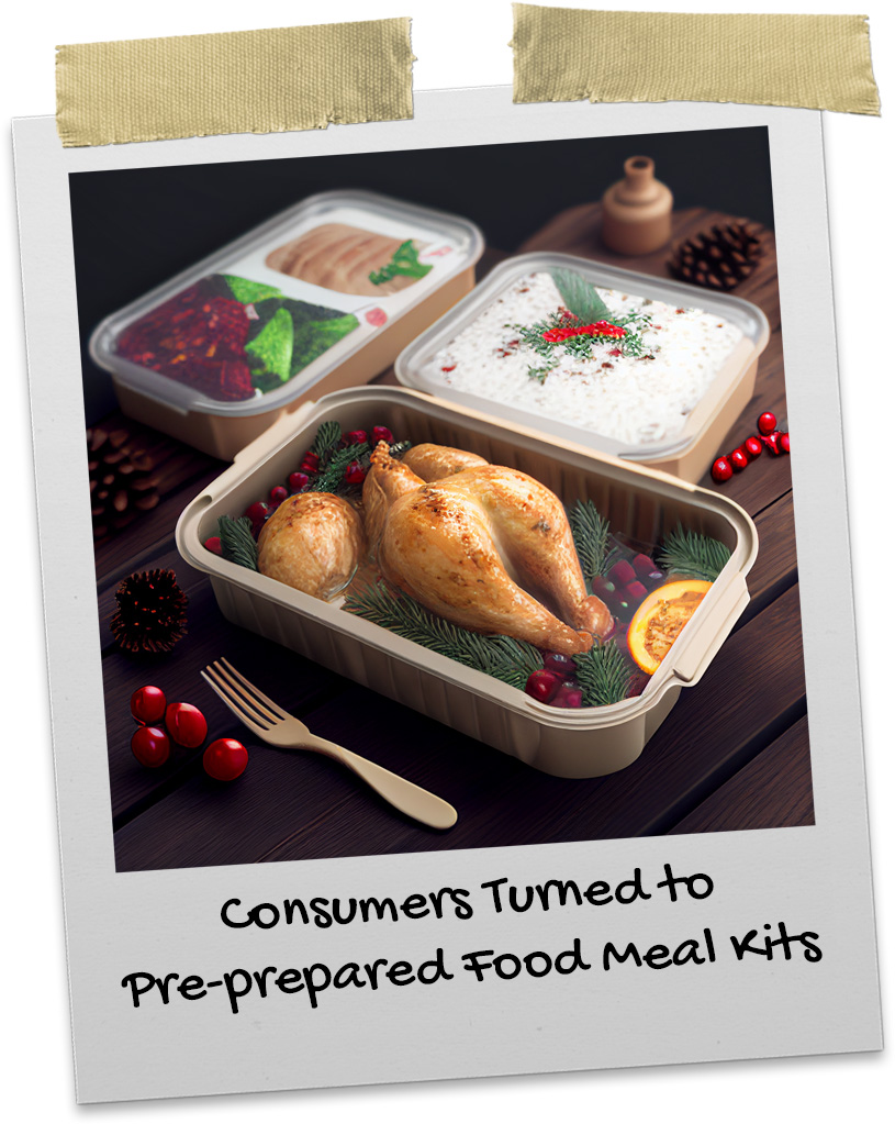 Three meal kits tins are opened with a holiday themed meal