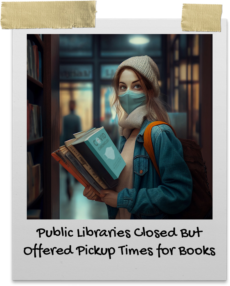 Young woman with a face mask is grabbing a stack of books from library