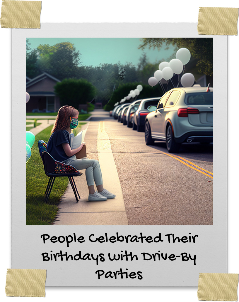 Young girl sitting in front yard while parade of well-wishers drive by for birthday celebration