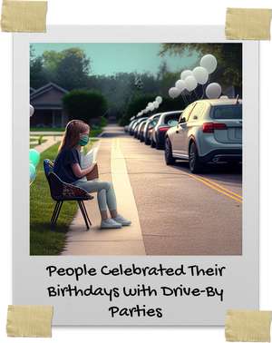 Young girl sitting in front yard while parade of well-wishers drive by for birthday celebration