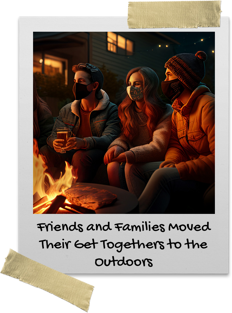 Three young adults hanging out around bonfire with face masks on and warm clothes