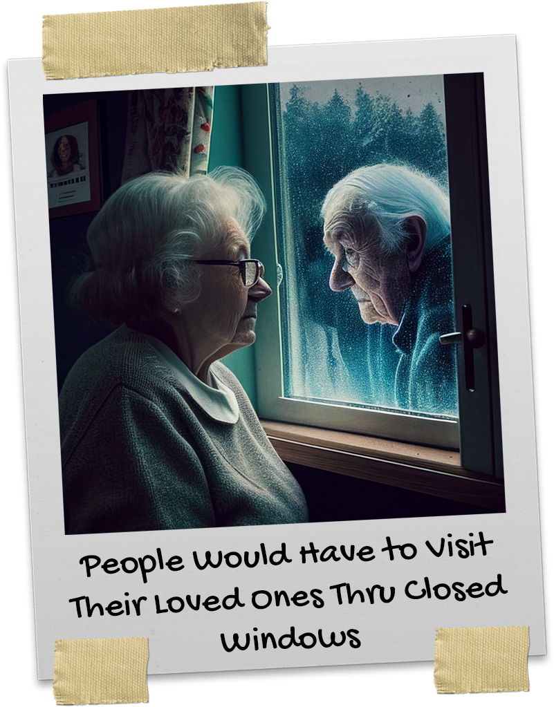 An elderly couple are communicating through a closed glass window during COVID-19 pandemic